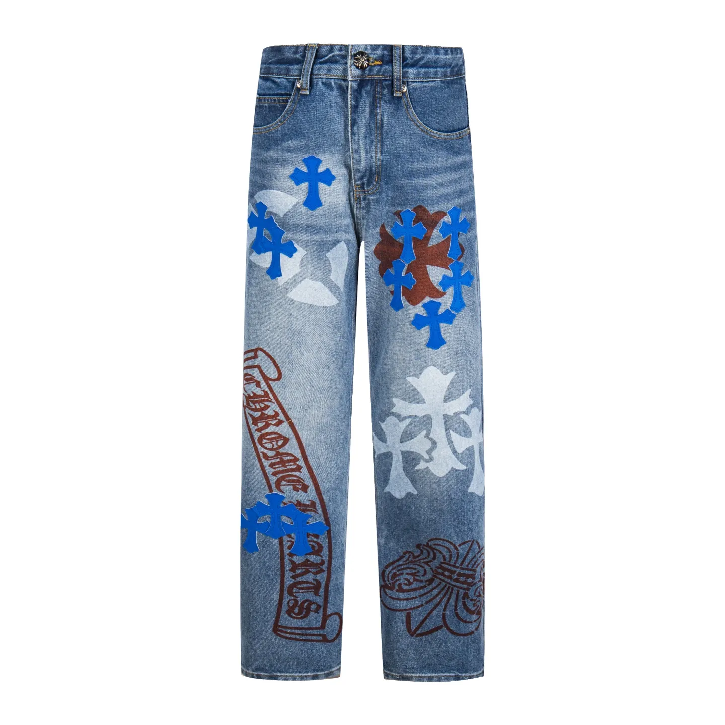 P260 Chrome Hearts washed graffiti blue cross couple jeans are a hot trend this season and are sought after by countless celebrities and fashionistas. The neat details of the cutting process add color to the playful fashion! The neat and meticulous design, and the well-fitting structure is unique. The upper body not only has outstanding recognition, but also looks younger and younger. A style with the ultimate wearing meaning and performance, gorgeous color matching, and the craftsmanship of this style is also extremely extraordinary. After the finished product is washed, it is disassembled and hand-made with sheepskin cross leather and then spliced ​​together to complete. The whole piece has too many craftsmanship to describe. It is decorated with patchwork cross flowers and high-waisted washed jeans! ! Absolutely high-end luxury product, a god-level single product, a super popular product, made by top heavy industry, a magic weapon that cannot be missed to hit the streets. Style number: 1834# Size: 28 30 32 34 Color: blue